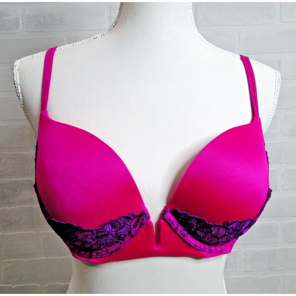 Victoria's Secret Hot Pink Purple Lace Trim PUSH-UP Padded Bra 3601050 36C